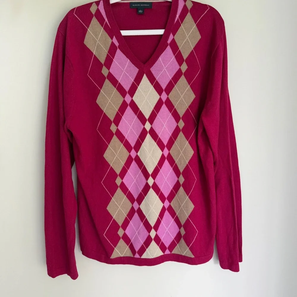 Banana Republic Men's Sweater Silk Cashmere Cotton Burgundy Argyle V-Neck Large